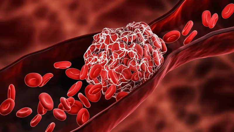 blood clot or thrombus blocking the red blood cells stream within an artery or a vein 3d rendering illustration thrombosis, cardiovascular system, medicine, biology, health, anatomy, pathology concepts