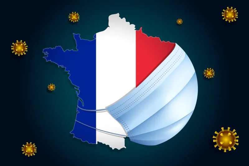 coronavirus or corona virus concept map with flag of france on background in a medical mask protects itself from ncov viruses around france