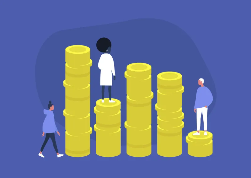 fundraising, ipo, investment, a group of characters standing and walking next to a stack of coins