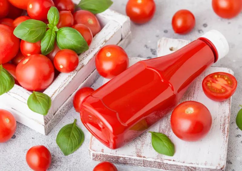 plastic container with tomato ketchup sauce with raw tomatoes on kitchen stone background