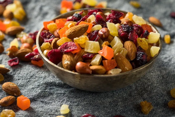 healthy dried fruit and nut mix with almonds raisins cranberries