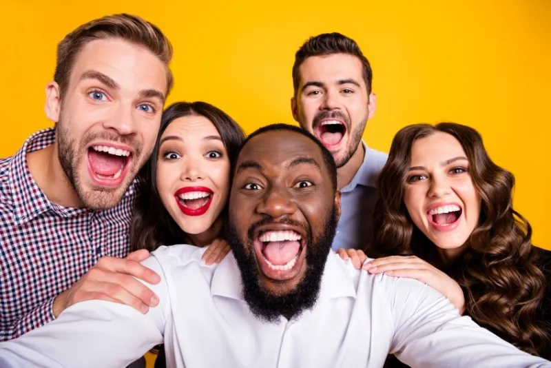 closeup photo of gorgeous ladies guys five members company, students graduation party best friends buddies make take selfies positive emotions expression isolated yellow color background
