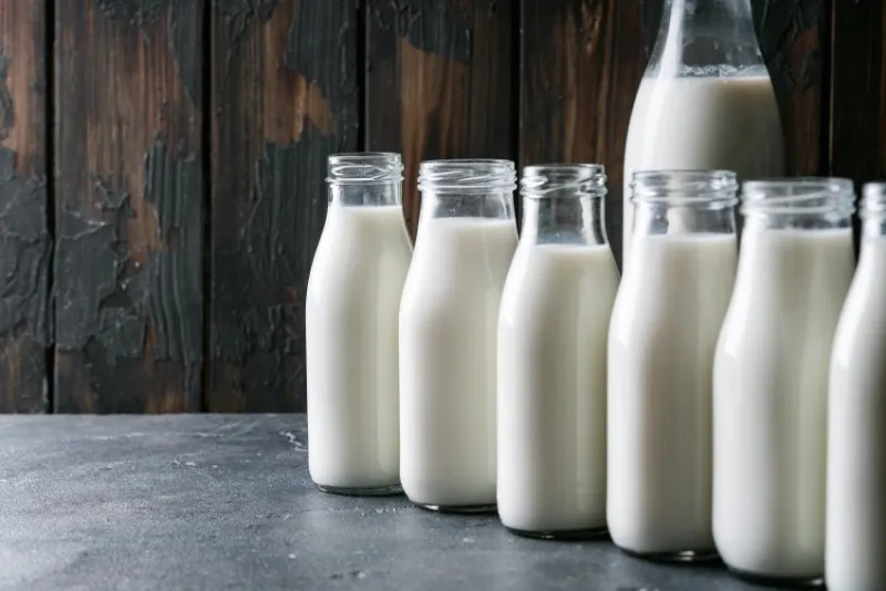 fresh milk in different glass bottles standing over dark wooden background eco friendly shopping concept