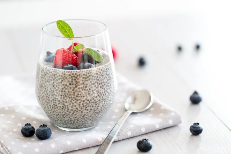 healthy chia pudding with almond milk in a glass