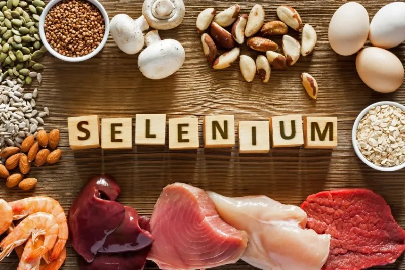 foods high in selenium as brasil nuts, tuna, shrimps, beef, liver, mushrooms, pumpkin seeds, sunflower seeds, buckwheat, oatmeal, almonds and eggs top view