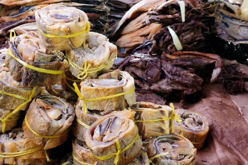 amazon, dried fish on the market in the iquitos major city in amazonia, peru