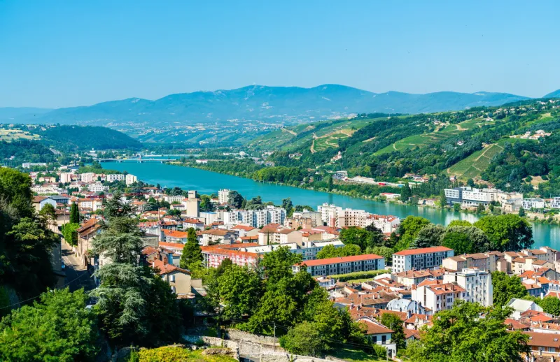 aerial panorama of vienne with the rhone river in the isere department of france