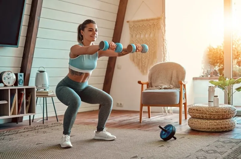 beautiful young athletic girl in leggings and top crouches with dumbbells at home sport, healthy lifestyle