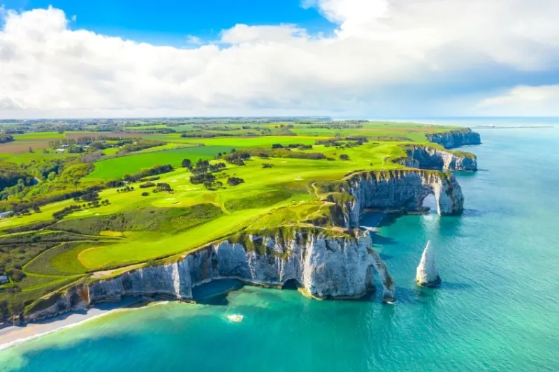picturesque panoramic landscape on the cliffs of etretat natural amazing cliffs etretat, normandy, france, la manche or english channel coast of the pays de caux area in sunny summer day france