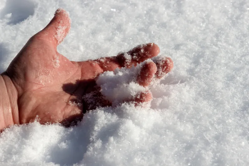 frozen man's hand in snow on a frosty day