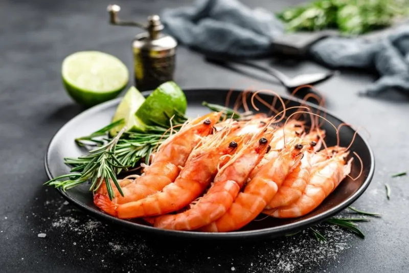boiled prawn shrimps on a plate