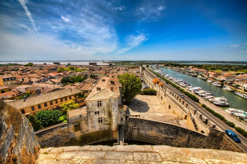 view from the tower of constance on the city wall of aigues-mortes, occitanie, france