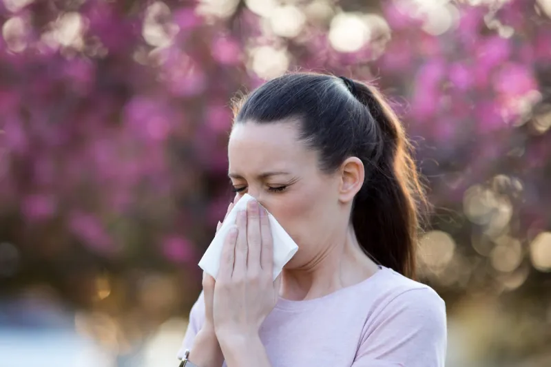 young pretty woman blowing nose in front of blooming tree spring allergy concept