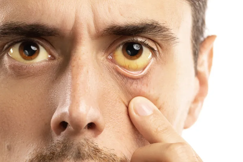 man checking his health condition yellowish eyes is sign of problems with liver, viral infection or other disease