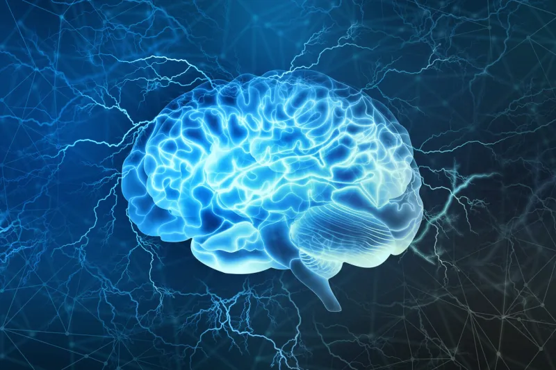 human brain digital illustration electrical activity, flashes and lightning on a blue background