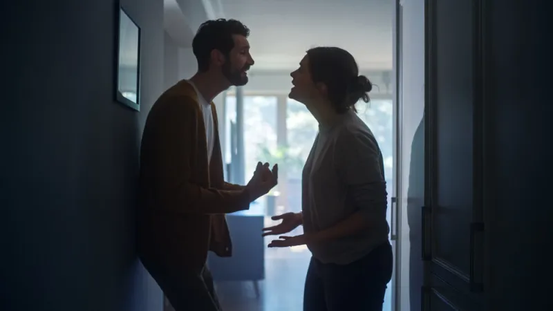young couple arguing and fighting domestic violence and emotional abuse scene, stressed woman and aggressive man screaming at each other in the dark hallway of apartment dramatic scene