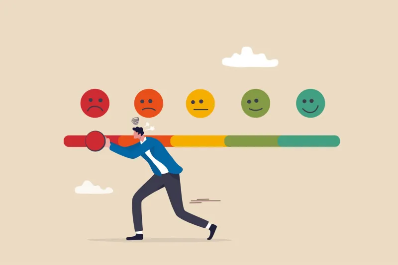 dissatisfaction, dislike or negative feedback, angry customer or dissatisfied employee, angry review, disappointment rating or complaint concept, man pushing rating bar to dissatisfaction level