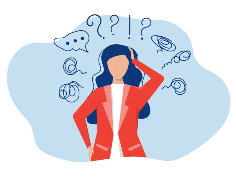 woman suffers from obsessive thoughts, headache, unresolved issues, psychological trauma, depressionmental stress panic mind disorder illustration flat vector illustration