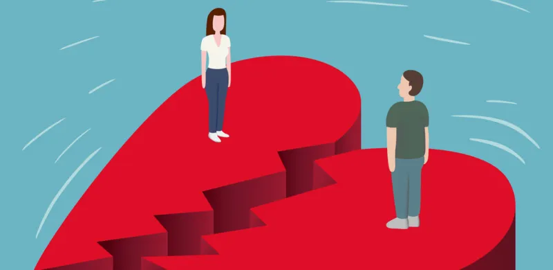 broken red heart floating on the sea with a man and woman standing opposite to eachother cartoon vector illustration