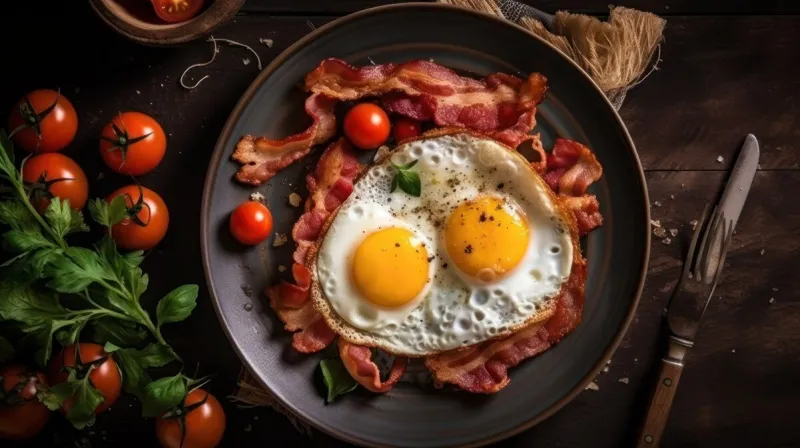english breakfast fried egg with bacon, generative ai