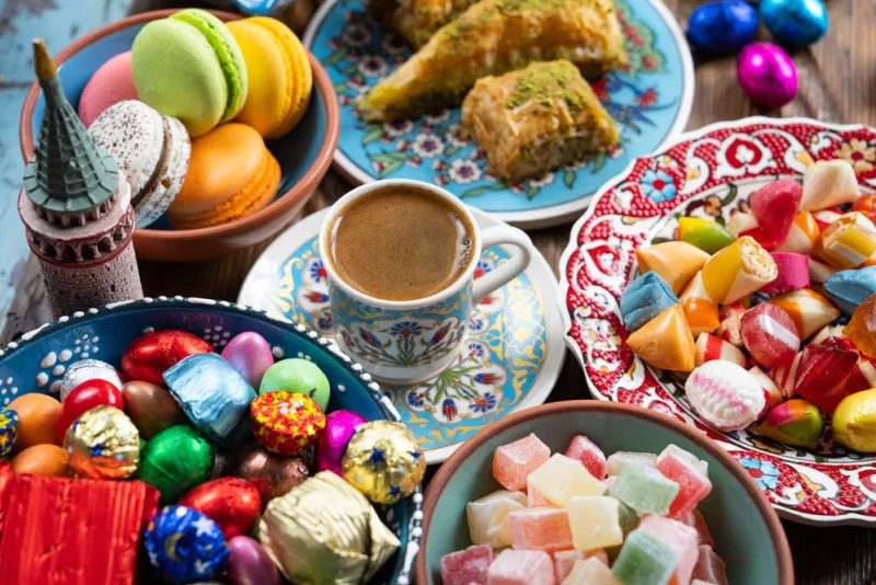 turkish coffee in the colorful ramadan eid candy and chocolate