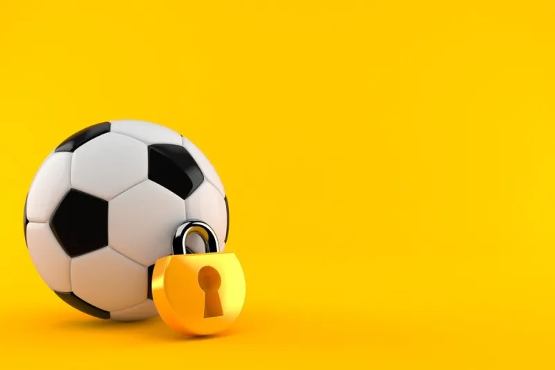 soccer ball with padlock isolated on orange background 3d illustration