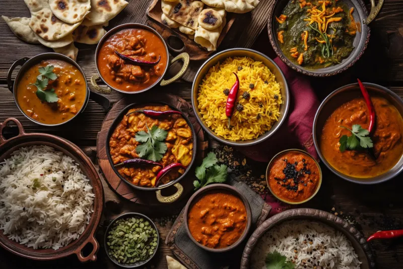 assorted indian dishes, curry, rice and other spicy food on the wooden table, top view, ai generated