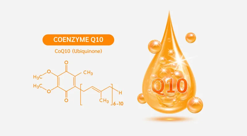 vitamin coenzyme q10 drop and structure isolated on white background vitamin solution complex orange balls with bubbles beauty treatment nutrition skin care design medical scientific concepts 3d vector