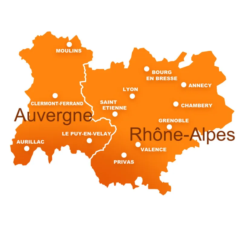 régions rhône alpes et auvergne avec préfectures