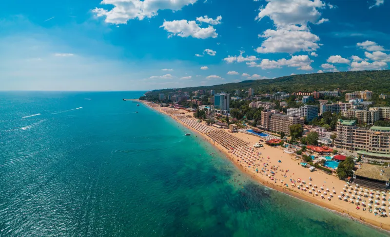 aerial view of golden sands beach resort, zlatni piasaci near varna, bulgaria