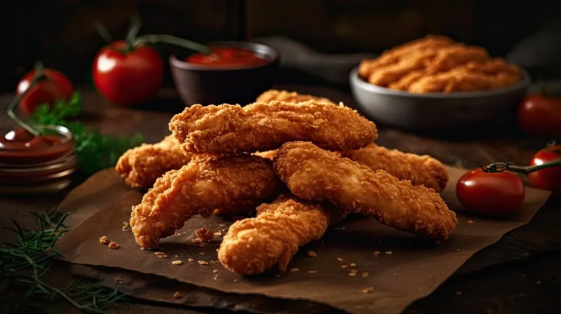 perfect view close up crispy chicken tenders with vegetable ornament