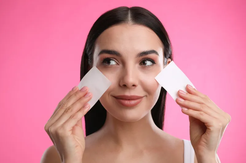 beautiful woman using mattifying wipes on pink background