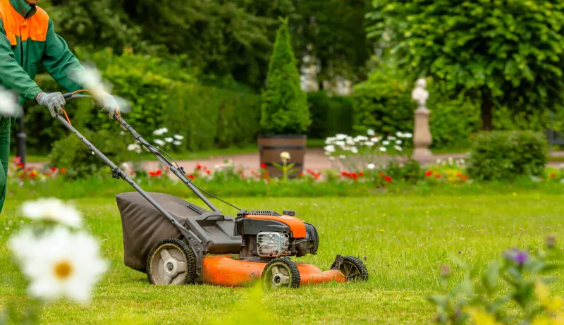 banner a human lawn mower cuts the grass in the backyard agricultural machinery for the care of the garden