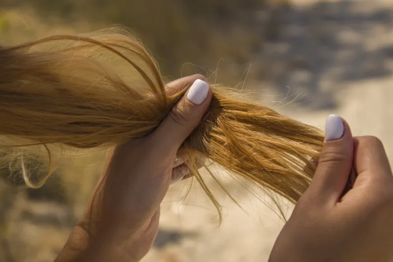 girl holding dry brittle hair brittle damaged tips, hair loss
