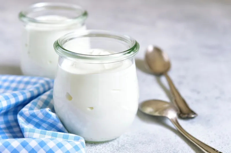two portions of fresh natural homemade organic yogurt in a glass jar on a light slate background