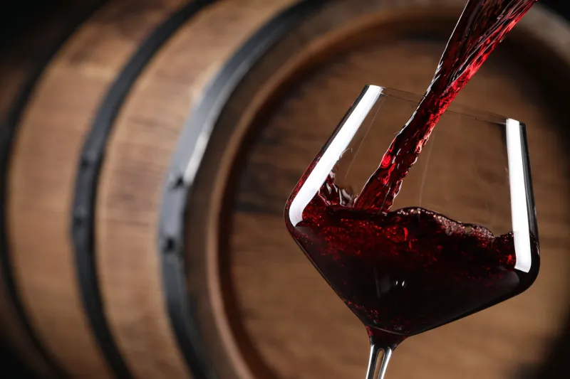 pouring red wine into glass near wooden barrel, closeup space for text