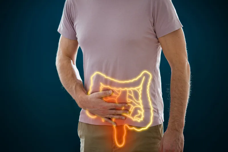 the man holding his stomach in pain male body with a picture of a digestive system and intestines with inflammation medical concept
