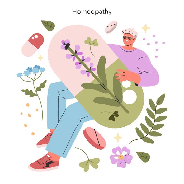 alternative medicine concept illustration with person surrounded by plants representing homeopathy healing herbs and natural remedies vector illustration