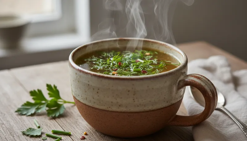 Une photo d'une tasse de bouillon d'os chaud et fumant, avec des herbes fraîches en garniture