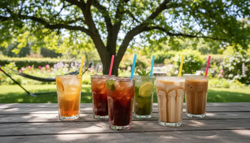 Une photo de différents thés glacés et cafés glacés dans des verres avec des glaçons et des pailles 