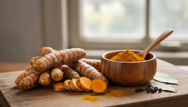 Une photo de racines de curcuma fraîches et de poudre de curcuma dans un petit bol en bois