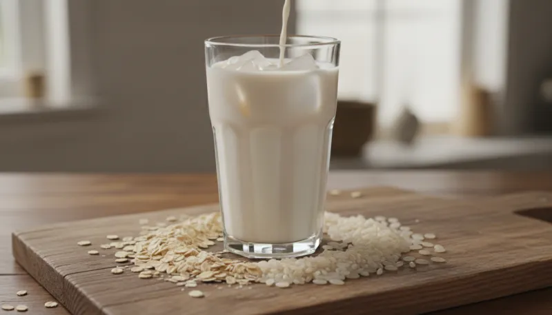 Une photo d'un verre de boisson végétale blanche (lait d'avoine ou de riz) sur une surface en bois, 