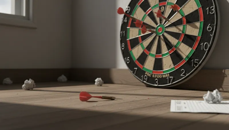 Une fléchette tombée au sol à côté d'une cible, symbolisant un objectif manqué