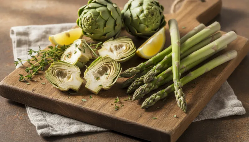Une photo d'un assortiment de cœurs d'artichaut frais et d'asperges vertes, disposés sur une planche