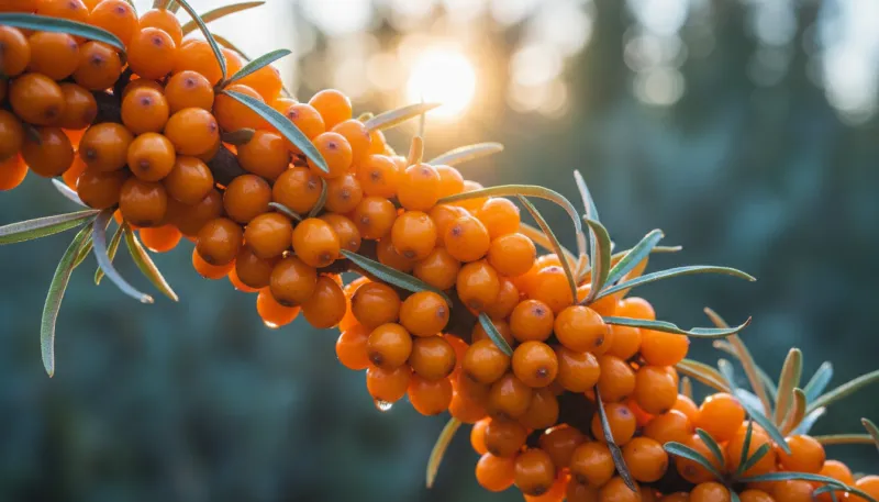 Un gros plan de baies d'argousier orange vif et juteuses sur leur branche, sous un soleil nordique.