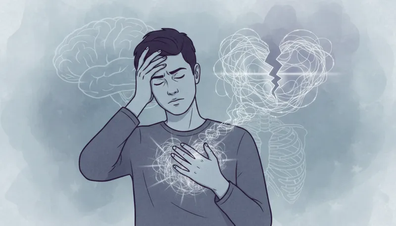 Illustration représentant une personne touchant une partie de son corps (par exemple la tête ou la p