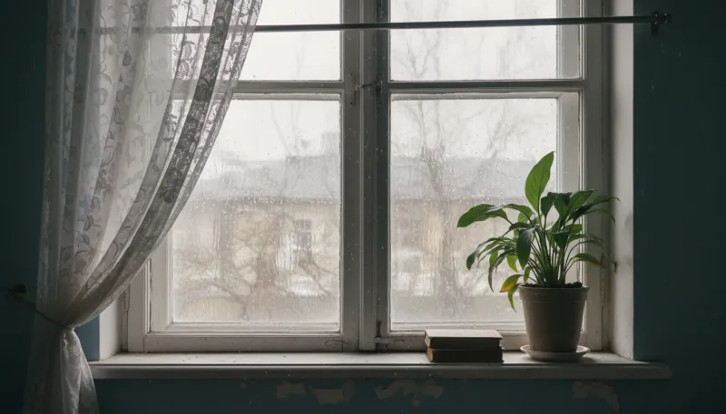 Une photo d'une fenêtre fermée, vue de l'intérieur.