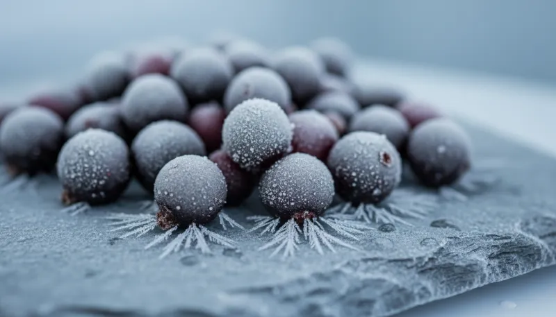 Une photo macro de cassis congelés, légèrement givrés, posés sur une surface froide