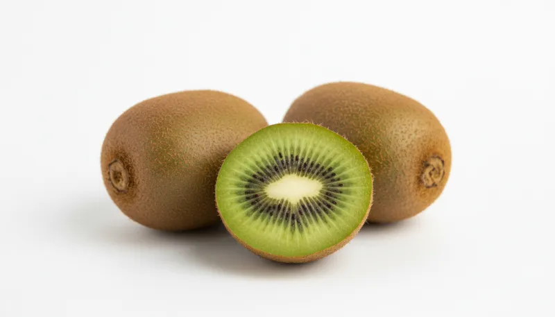 Une photo de deux kiwis entiers et un kiwi coupé en deux sur un fond clair