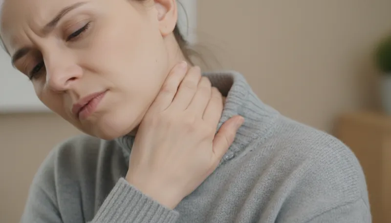 Une photo rapprochée montrant une personne touchant doucement la base de sa nuque, illustrant une ra